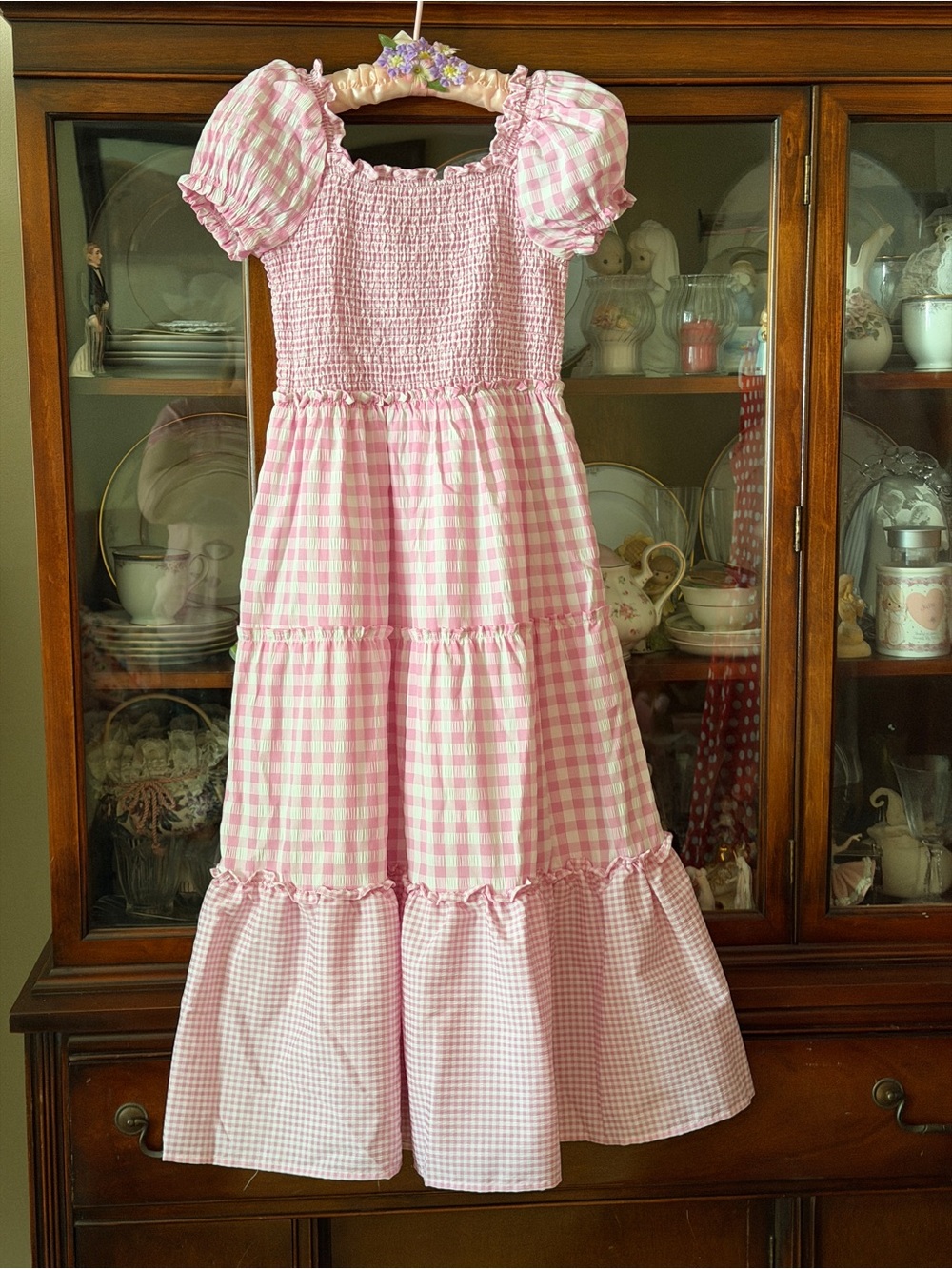 Pink Gingham Girls cottage core Maxi dress with ruffle